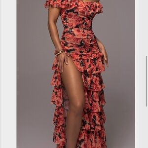 JLUXLABEL Asymmetrical Floral Ruffle Dress - Red